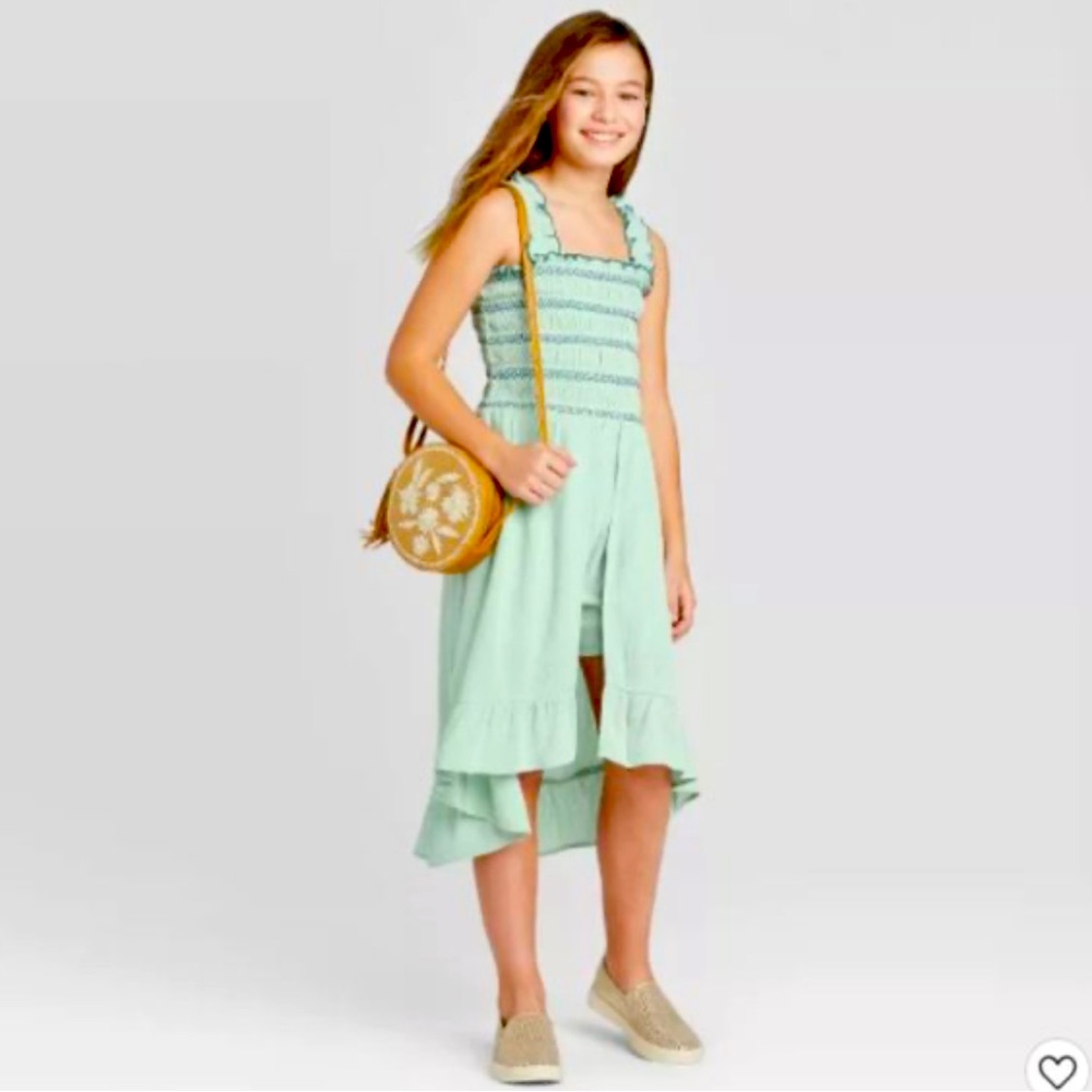 Girls smocked walk through romper dress